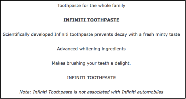 Infiniti Toothpaste Advertisement