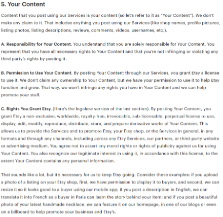 Etsy's Term of Use on #5 -- your content