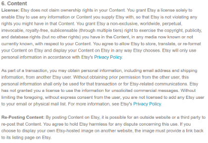 Etsy's Term of Use on #6 -- content