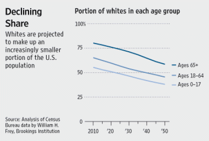 Graph of declining share - portion of whites in each age group